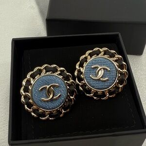 CHANEL Blue Denim Gold CC Black Lambskin Leather Statement Earrings